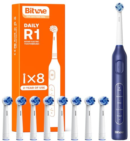 Bitvae R1 Rotating Electric Toothbrush with 8 Brush Heads for Adults and Kids, 60-Day Battery Life, 5 Modes Rechargeable Power Toothbrush with 2-Minute Smart Timer, Dark Blue