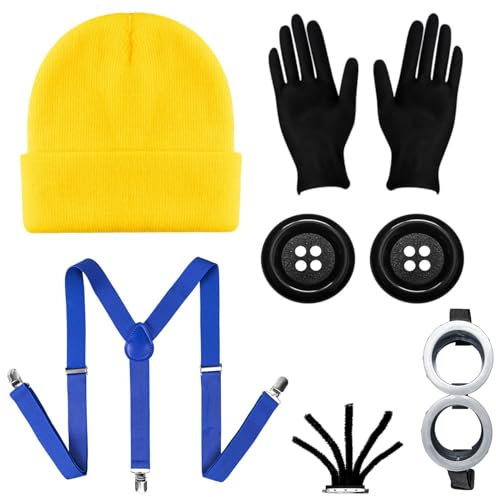 Humairc Halloween Kostüm Damen Kinder Halloween Mütze Cosplay Brille Handschuhe Knöpfe Hosenträger Halloween Kostüm für Damen Kinder (Blau)