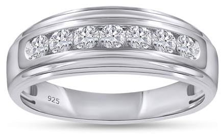 Men’s Wedding Band Ring in 14K White Gold Plated 925 Sterling Silver, 1/2 Ct Round Lab-Grown Diamond (F-G Color, VS-SI Clarity) 7-Stone Channel Set Anniversary Band, Jewelry Gift for Him, Size- 10