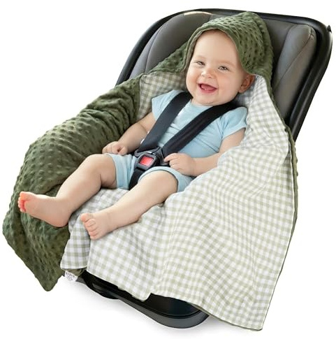 Medi Partners nid d'ange Bebe été Couverture enveloppante Bébé Siege Auto 85x85cm Couvertures Bebe nid d'ange Une Douce Oeko-Tex Moelleuse pour landaus (Grille avec Olive Minky)