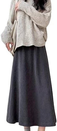 Falda de Pana para Mujer, Estilo Vintage, de Cintura Alta, Corte en A, Lisa, Midi, para otoño e Invierno, versátil, elástica, hasta la Rodilla, Larga, niñas, Gris Oscuro, Talla XL
