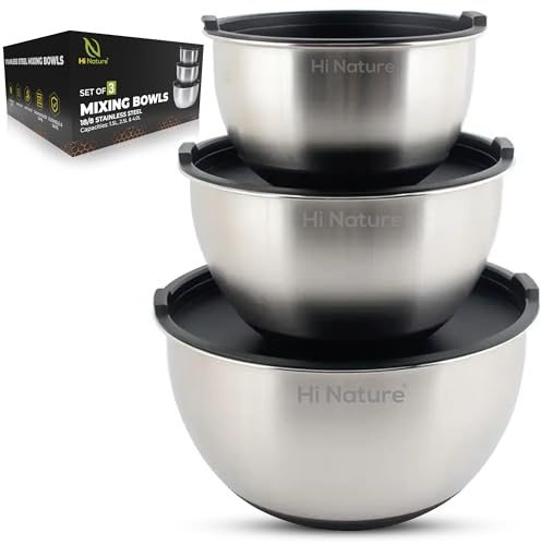 Hi Nature™ Set di 3 ciotole in acciaio inox con coperchio, antiruggine e lavabili in lavastoviglie, impilabili, 1,5 l, 2,5 l, 4 l