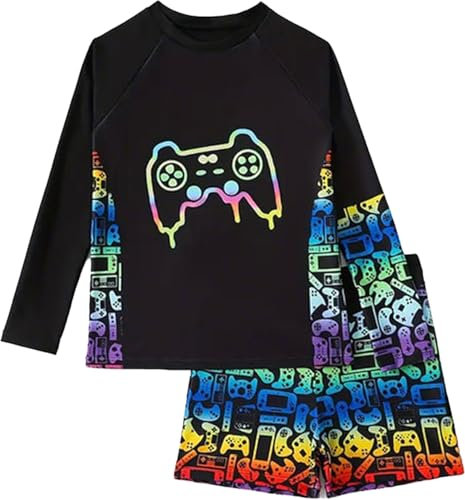 OXUBOAO Boys Swimwear Sets Kids Long Sleeve Bathing Suit UPF 50+ 3D Game Print Rash Guard Teen Swim Shorts (Black,10-12T)