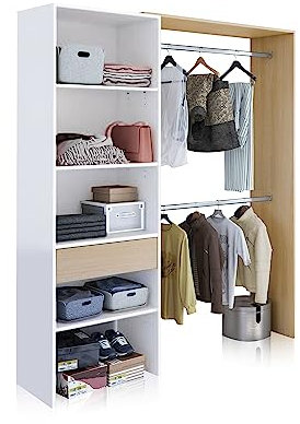 duehome | Armario Vestidor, Armario 2 Barras, 4 Baldas y 1 Cajón, Vestidor Reversible, Modelo Aura, Acabado en Blanco Artik y Roble, Medidas: 158 cm (Ancho) x 187 cm (Alto) x 40 cm (Fondo)