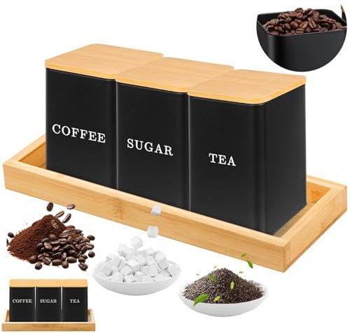 Juego de azúcar de té de café, 1000ml 3 latas de azúcar de café de té, juego de latas de almacenamiento con tapa de bambú sellada y bandeja