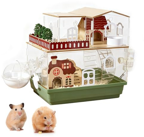 Cage pour hamster 12 en 1 en acrylique design jardin 35 × 26 × 37 cm – Transparente, à plusieurs étages, avec villa en bois, roue, tunnel, gourde, bain et accessoires de jeu (2 niveaux)