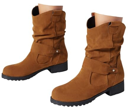 Xbemkste Botas occidentales para mujer, botines de vaquero con tacón de ante en el tobillo, botas holgadas de caña ancha, botas cortas, retro, medias altas, marrón, 37 EU