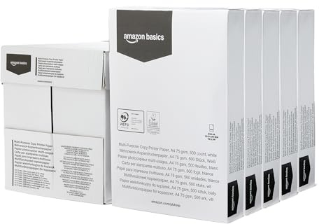Amazon Basics, Carta Multiuso per Stampante e Fotocopiatrice, Formato A4, 75g/m2, 2500 Fogli (Confezione da 5 Risme), Colore Bianco