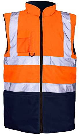Hi Vis Bodywarmer Fleece Lined Reversible Safety Gilet Waistcoat – Waterproof High Visibility Reflective Workwear Vest for Men Security Outdoor Hiking Work Jacket Orange Navy XL