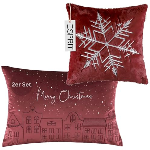 Esprit Cuscini Natalizi Rossi Set da 2 – Fodere per Cuscini Natalizie Effetto Velluto Fiocco di Neve & Merry Christmas – 1x Fodera Decorativa per Cuscino 40x40 & 1x 40x60 cm, coccolosi, morbidi, per