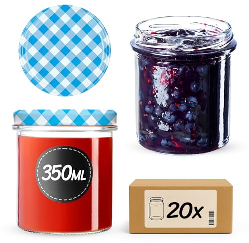 KADAX Juego de 20 tarros de mermelada de 350 ml con tapa de rosca en azul a cuadros – tarros herméticos para mermelada, pasteles, sopas, verduras y platos de carne