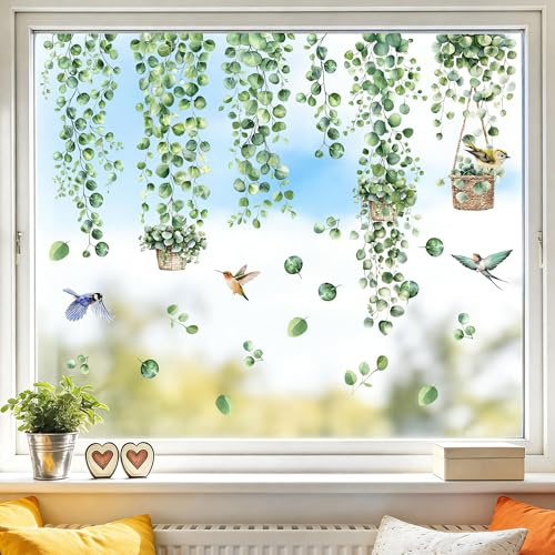 Joeyan Spring Summer Window Clings Eucalyptus Birds Glass Stickers Plant Hanging Vine Green Leaf Reusable Decals Decorations Large Window Privacy Film for Wedding Party Home Office Decor Supplies