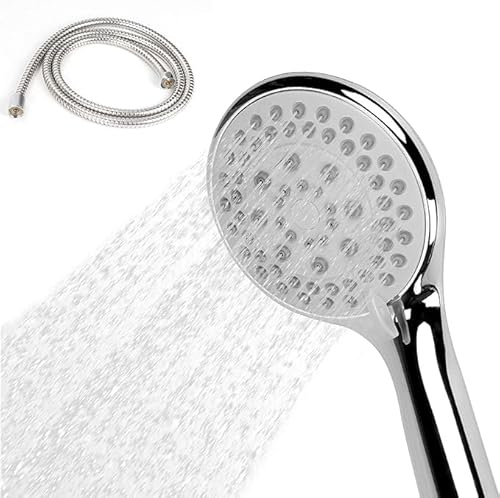 SQUADO Soffione Doccia con Tubo Flessibile in Acciaio 1.5m, 5 Funzioni Getti ad Alta Pressione, ABS Cromato Anticalcare con Ugello