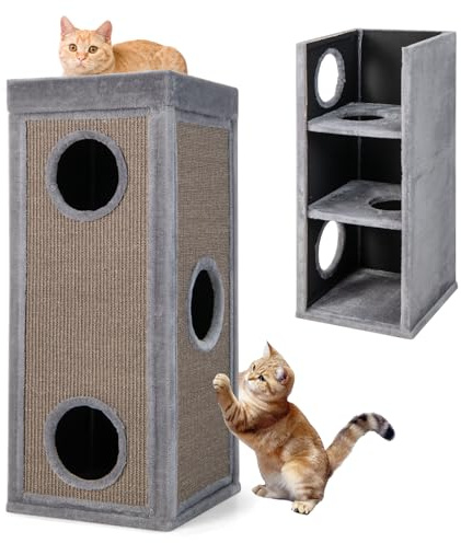 SOARS Tonneau à Gratter pour Chat 99 cm, Tour Arbre à Chat 4 Niveaux avec 3 Grottes et Surface Griffoir en Sisal, Niche Intérieure Stable Ø40, Gris et Marron