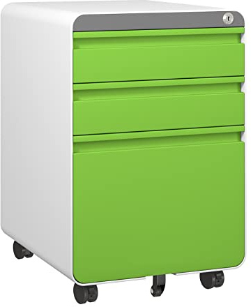 Dripex 3-Drawer Mobile Filing Cabinet, Lockable, Green | Pre-Assembled, Steel Construction, Hanging File Rails A4/Letter/Legal File, Lockable Swivel Castors, Anti-Tilt Design