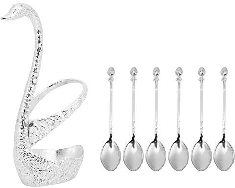 CHICIRIS Cucharas de café expreso, Mini Cuchara de café, cucharas pequeñas para Postre, Juego de 6 con Soporte en Forma de Cisne para vajilla de Cocina, Suministros de Boda(Plata)
