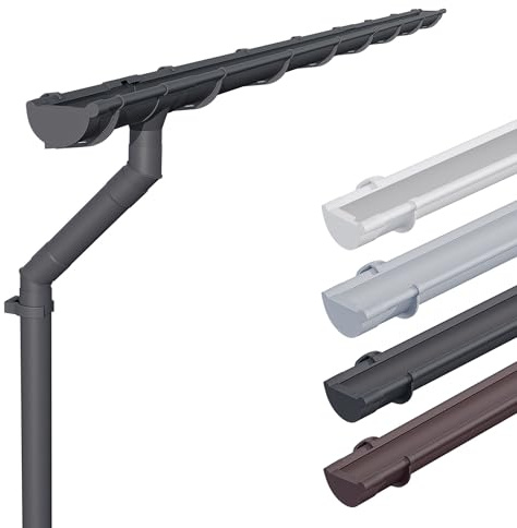 INEFA Dachrinnen Set NW100 / 100mm Kunststoff halbrund – Dachrinne 5m Länge Anthrazit 1 Dachseite – Regenrinne PVC für Gartenhaus Carport