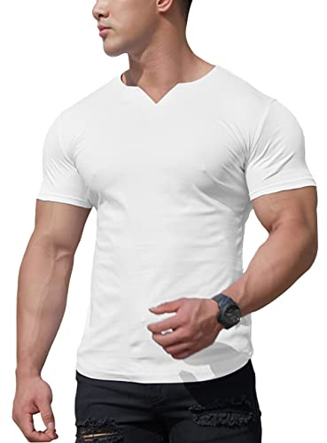 YCHSXAIZ T-Shirts athlétiques en Maille pour Hommes avec col en V Fendu pour la Musculation d'entraînement de Gym Color White Size M