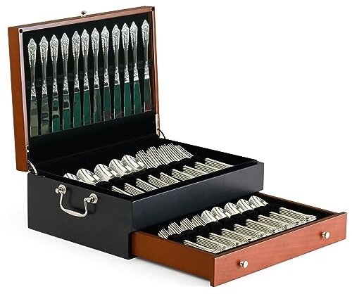 Scatola portaoggetti per posate in argento, con coperchio, anti-ossidazione, divisorio foderato in feltro e cassetto, per 14 persone, include panno per la pulizia