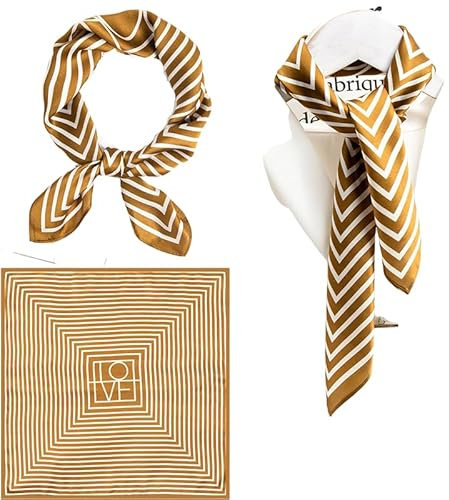 GIMIRO Schal aus imitierter Seide [53 x 53cm] Quadratische Schals Seidenschal Karamel-Weiß Geometrisches Streifenmuster Love Design (White and Brown Stripes)