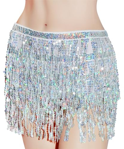 Jerbro Women's Belly Dance Skirt with Sequin Hip Scarf & Tassel - Wrap Cowgirl Rave Costume (UK, Alpha, M, Regular, Silver)