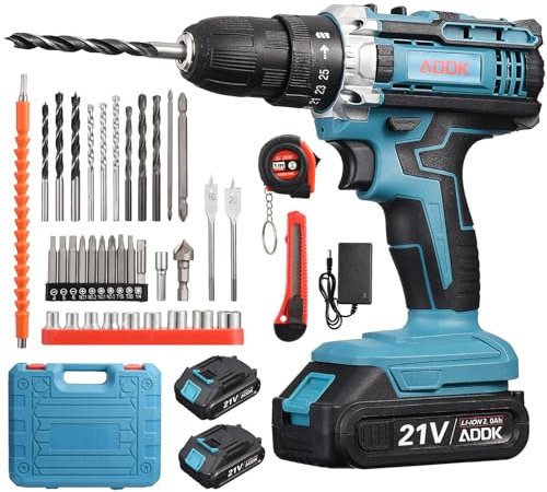 21-V-Akkuschrauber-Set, Bohrmaschine/Schraubendreher mit 2 Akkus und 37-teiligem Zubehör, 25 + 1 Drehmomenteinstellung, 2 Variable Geschwindigkeiten, (2000-mA-Bürstenmotor)