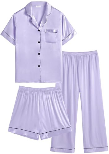 SWOMOG Kid's Silk Pyjamas 3PCS Girls Boys Short Sleeve Satin PJs Set Button-Down Nightwear Soft Lounge Sleepwear Teens Age 4-16