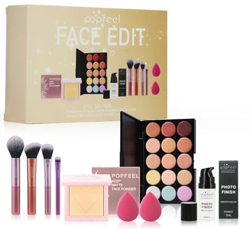 Hinourisha Komplettes Gesichts-Make-up, 15 Farben Camouflage Palette Concealer Palette, Grundierung, Make-up-Grundierung + 4 Makeup Pinsel, Schminke Set, Schminkset Damen