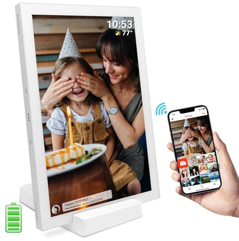 Frameo Digitaler Bilderrahmen 10,1 Zoll 5000 mAh Akkubetriebener Bilderrahmen WiFi 32 GB HD IPS Touchscreen Mit Kabellosem Ladegerät Automatischer Drehung Sofortiges Teilen Von Foto/Video über Die App