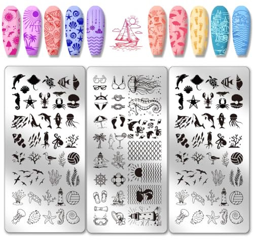 PH PandaHall Plantillas de arte de uñas Ocean Life, placa de estampado de uñas marino junto al mar, plantillas artísticas de concha de mar, placas de acero inoxidable para mujer, diseño de uñas de