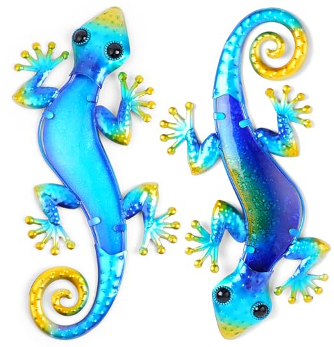 AOOSU Metal Decor Gecko Art Decor, Wrought Iron Colorful Gecko Wall Sculptures, Outdoor Garden Fence Ornaments Hanging for Backyard Porch Patio(30.5 * 18cm 2pcs)