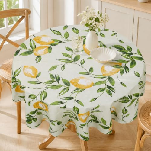 Arquiel Lemon PVC-bordsduk, vattentät, rund vaxduk 120 x 120 cm | Vattentät plastvinyl vaxduk bordsduk med citrontryck. Torka rent för vardagskök, uteplatsmåltider, utomhusbord