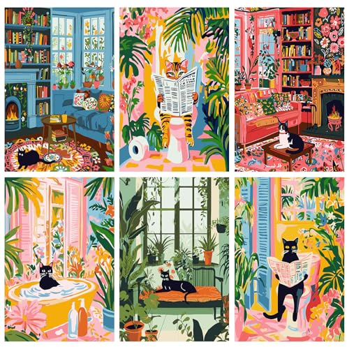 Huipalon Paint by Numbers Kits 6 PCS Black Cat Paint by Numbers for Adults Kids Craft Kits Black Cat Gifts 11.8x7.9 Inches