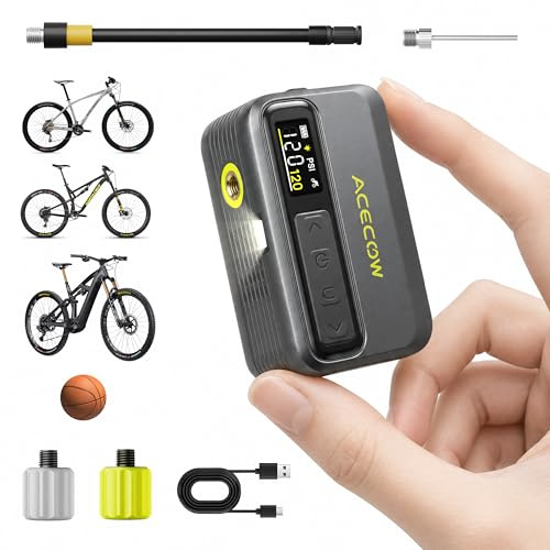 Bomba eléctrica Mini para Bicicletas Acecow AT5Pro, 120 PSI (8,3 Bares), inflado 30% más rápido con Sensor Digital, protección contra sobrecalentamiento para Carretera/MTB/Bicicleta eléctrica/Pelotas