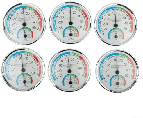 Minhe Termómetro higrómetro analógico | Medidor de temperatura y humedad interior para control de clima de habitación | 130 mm de diámetro, blanco, soporte o colgar (6 piezas)