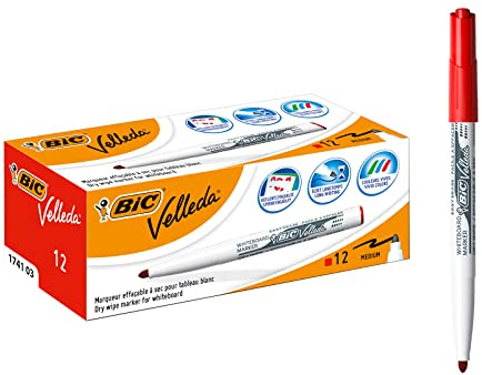 BIC Velleda 1741 Feutres pour Tableau Blanc Effaçables à Sec, Pointe Conique Moyenne - Rouge, Boîte de 12
