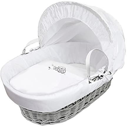 ELEGANT BABY Sleepy Owl Grey Wicker Moses Basket with Full Bedding Set, Adjustable Hood, Fibre Mattress & Padded Liner