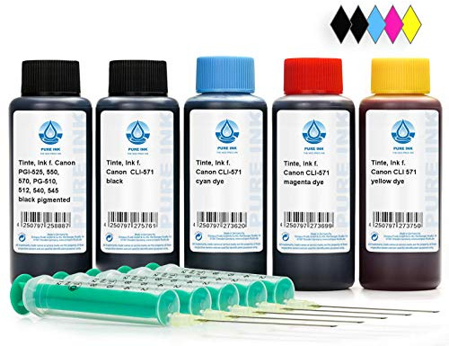 Pure Ink 5x 100 ml refill bläck, skrivarbläck kompatibel för Canon PGI-570, CLI-571, Canon Pixma MG 5700, 5750, 5751, 5752, 5753, 6800, 6850, 6851, 6852, 6853, 7700, 7750, 7751, 7752, 7753
