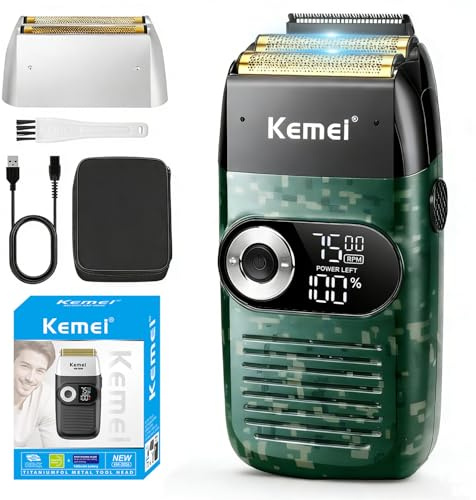 KEMEI Rasoio da Barba per Uomo, Rasoio Elettrico Ricaricabile con Regolabarba, Rasoi Cordless in Lamina di Titanio al Litio con Custodia da Viaggio