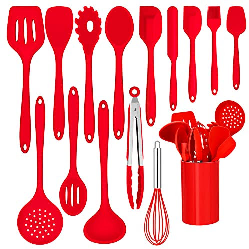 Joyfair 15 utensili da cucina in silicone resistenti al calore con portautensili, utensili da cucina antiaderenti, lavabili in lavastoviglie, rosso, M