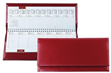 DELMON VARONE - Tischquerkalender 2027 Cambridge Top Grain Leder Rot - Tischkalender Quer 1 Woche auf 2 Seiten - Echtleder Wochenplaner Kalender - Büro & Schreibtisch Wochenkalender Organizer