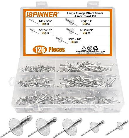 ISPINNER 125pcs Large Flange Aluminum Blind Rivets, Pop Rivets Assortment Kit (Silver)