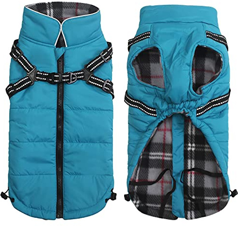 Geyecete Winter Warm Coat Waterproof Dog Winter Jacket with Harness Traction Belt,Pet Outdoor Jacket Dog Autumn and Winter Clothes for Medium, Small Dog-Blue-L