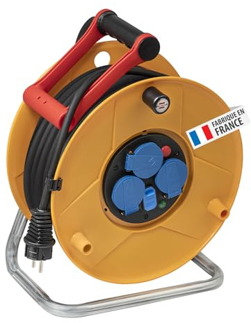 Brennenstuhl Enrouleur de câble Standard Pro avec USB/Enrouleur électrique 3 Prises de Courant avec clapet et 2 Prises-Chargeur USB (en extérieur, 25m de câble RN-F, fabriqué en France) Moyen Jaune