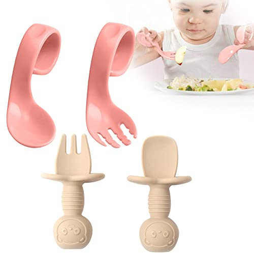 4-teiliges Set aus Babylöffel, Babygabel und -löffel, lernlöffel baby, Ergonomisches Babybesteck, Baby Esslernbesteck bestehend aus Löffel und Gabel, geeignet für Kleinkinder zum selbstständigen Essen