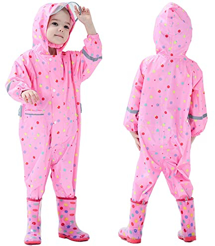 Fewlby Tuta Impermeabile Bambini, Tuta Pioggia Bambina Antipioggia con Cappuccio Poncho Impermeabile Ragazze Ragazzi Giacche da Pioggia con Cappello Trasparente per 7-9 Anni
