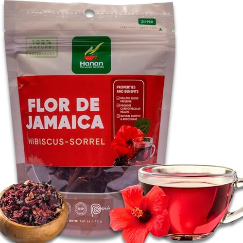 HANAN PERUVIAN SECRETS Jamaica Flower or Hibiscus Tea 100% Dried Hibiscus Flowers/Flor de Jamaica - Promotes Cholesterol Health, Liver Cleanse Detox & Repair, Relieve Sore Throat 1.41 oz - 40g