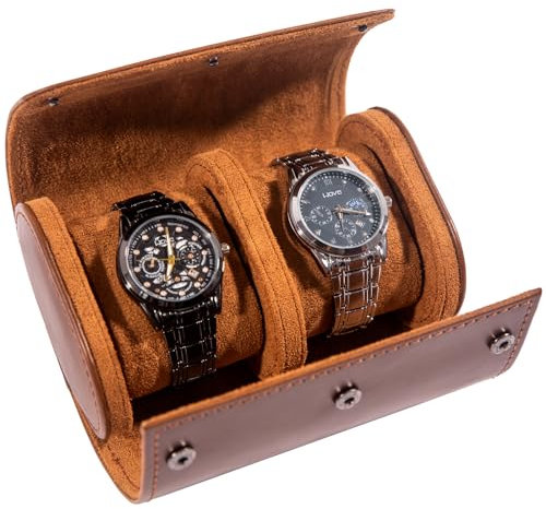MR.OKAY 2 Watch Travel Case-Classic Leather Watch Case With Superb Texture.Portable Watch Roll Or Organizer For Storage And Display. Travel Gift for Men, All Handmade By Leather Craftsmen.
