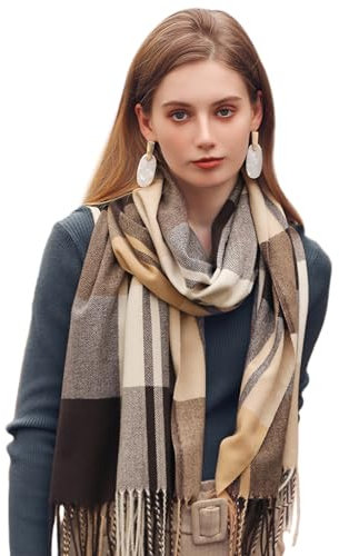 Figarge Karierter Schal für Damen und Herren - Herbst-Winterschal mit Fransen, Weicher als Kaschmir, Warmer Plaid Schal (65 * 185CM, Braun-Gelb)