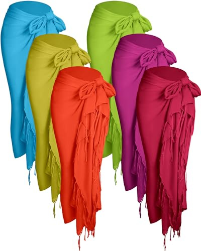 Hercicy 6 Pieces Women Beach Long Sarong wrap Coverups Batik Wrap Pareo with Tassel for Women Sarong for Beach(Trendy Colors)